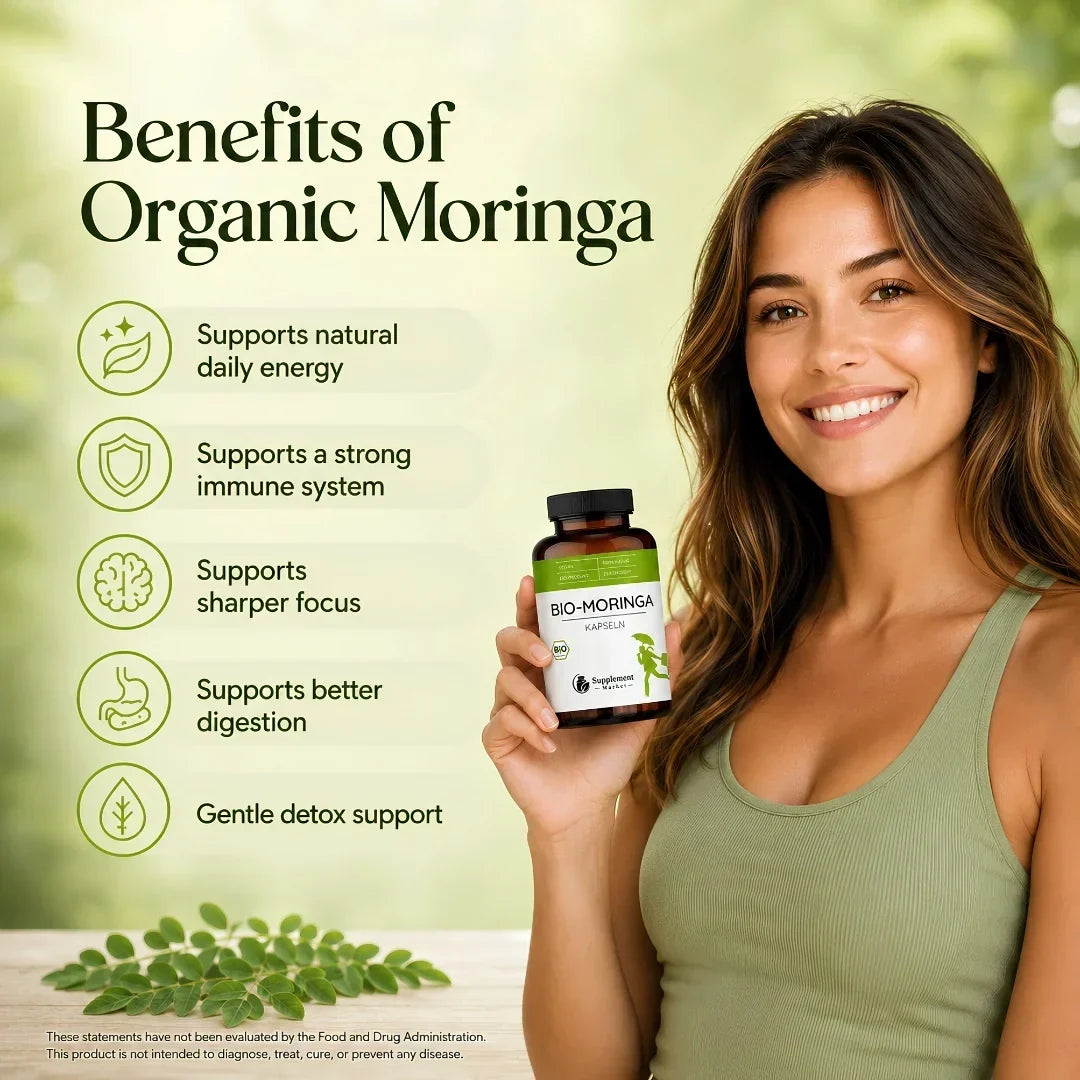 Cápsulas de moringa biológica para energia natural e nutrição de todo o organismo