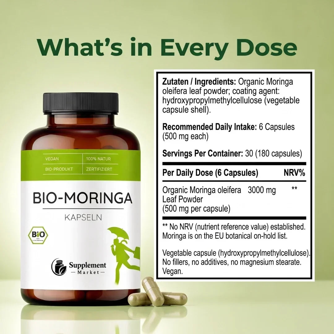 Cápsulas de moringa biológica para energia natural e nutrição de todo o organismo
