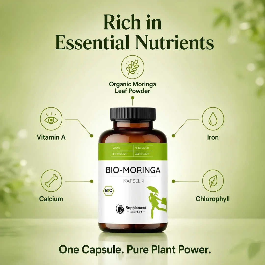 Cápsulas de moringa biológica para energia natural e nutrição de todo o organismo