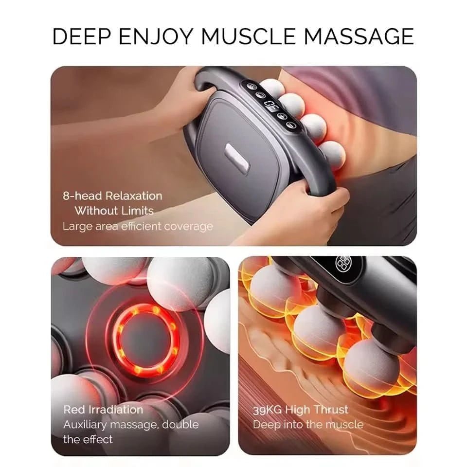 Ergonomická ruční masážní pistole s osmi uzly, dvěma rukojeťmi a kompaktním designem