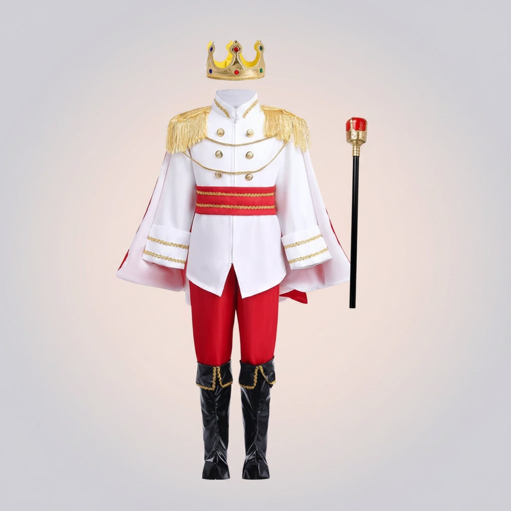 Prinsedragt til drenge – krone, scepter, militærjakke, elastisk talje