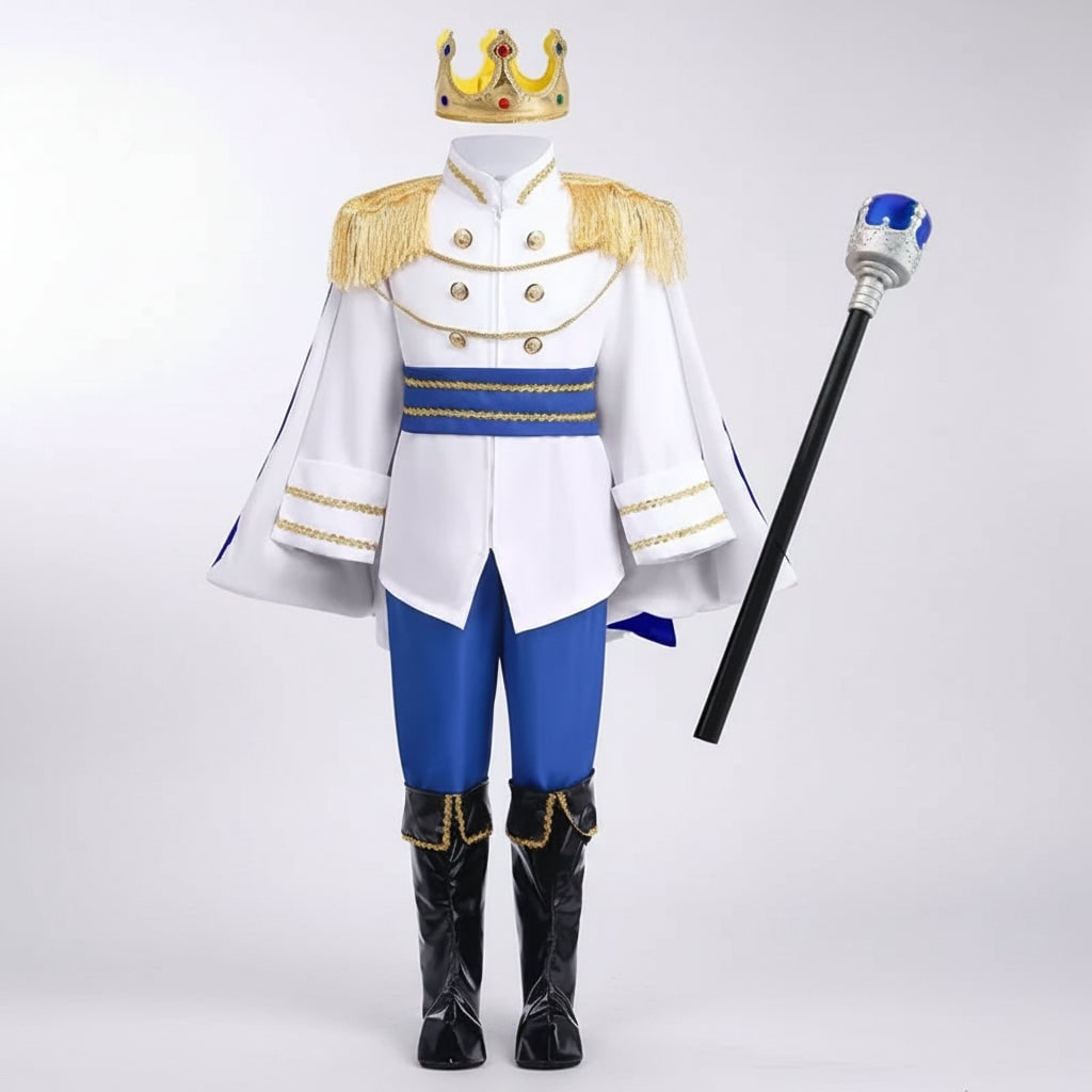 Prinsedragt til drenge – krone, scepter, militærjakke, elastisk talje