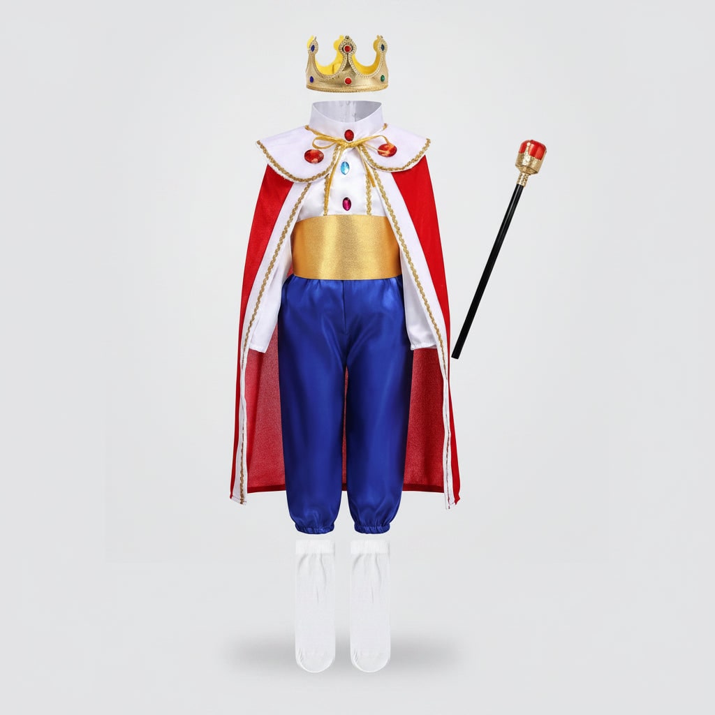 Prinsedragt til drenge – krone, scepter, militærjakke, elastisk talje