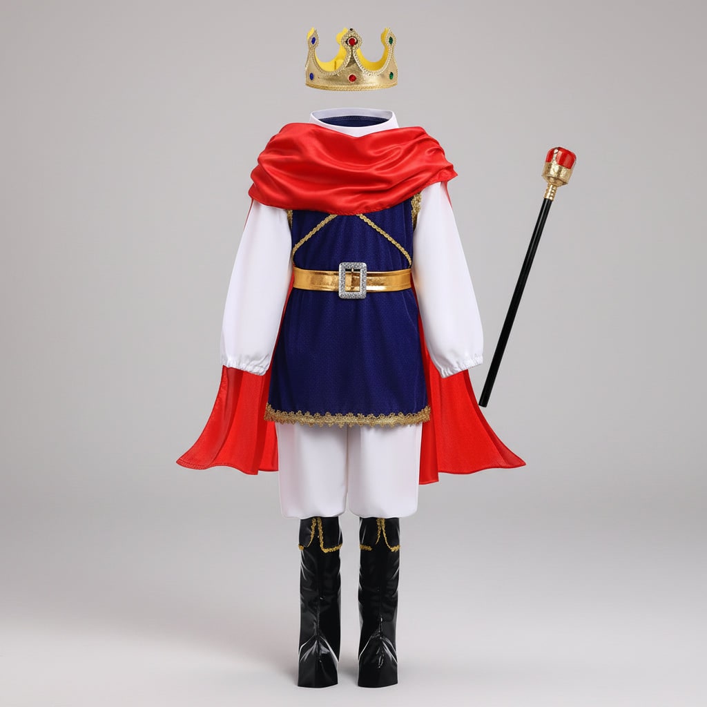 Prinsedragt til drenge – krone, scepter, militærjakke, elastisk talje
