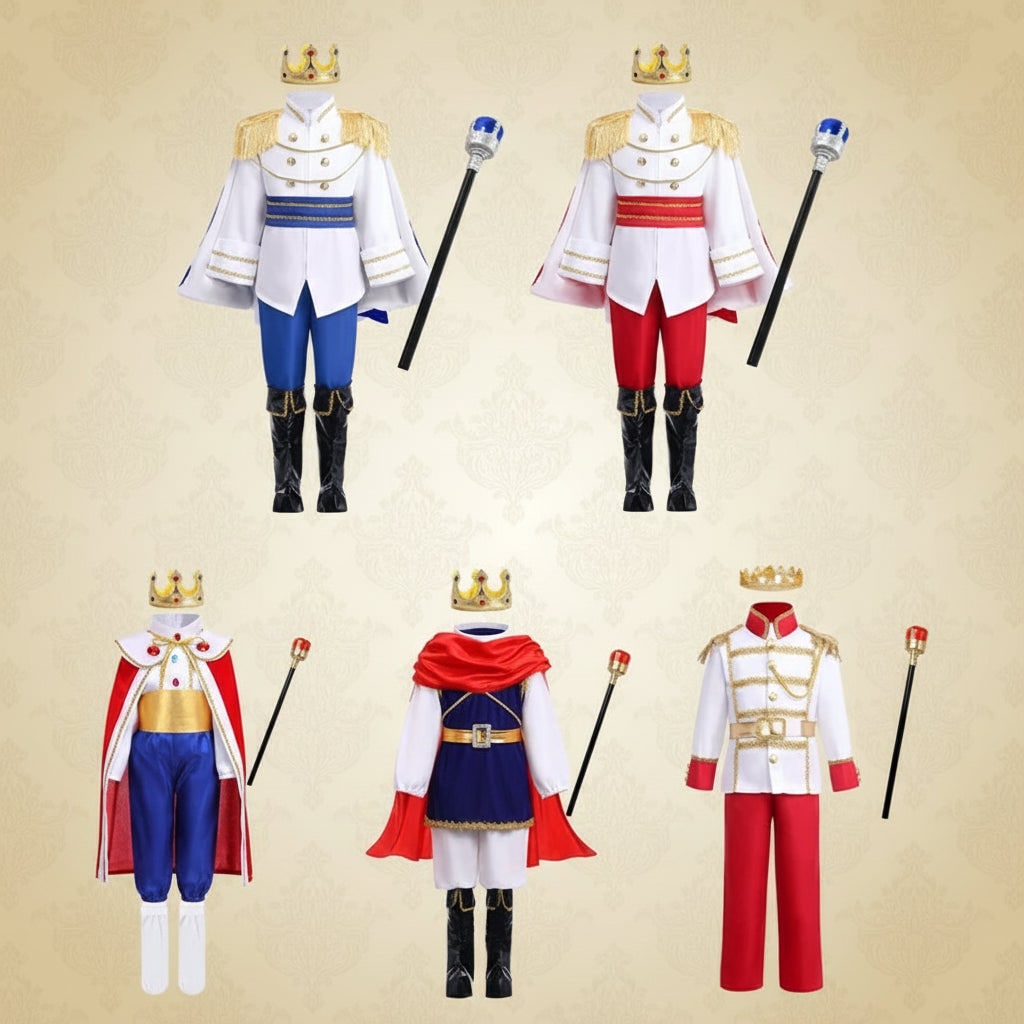 Prinsedragt til drenge – krone, scepter, militærjakke, elastisk talje