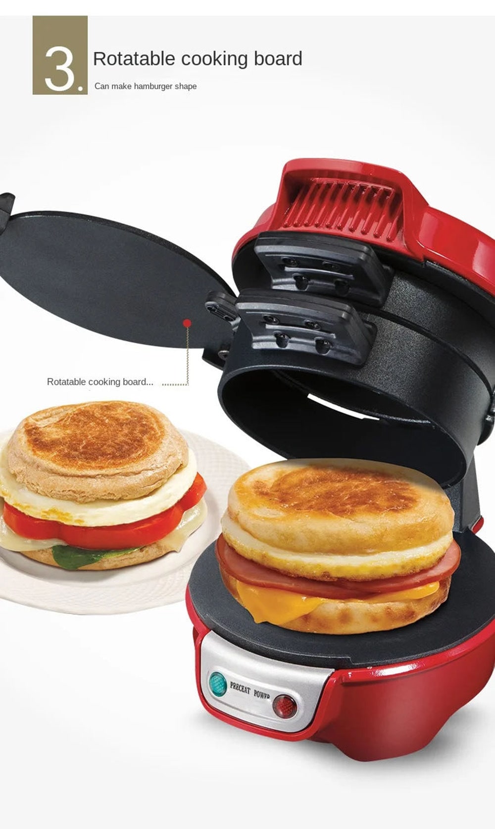 Aparat electric compact pentru panini — grill pentru micul dejun, plăci antiaderente, formă pentru ouă