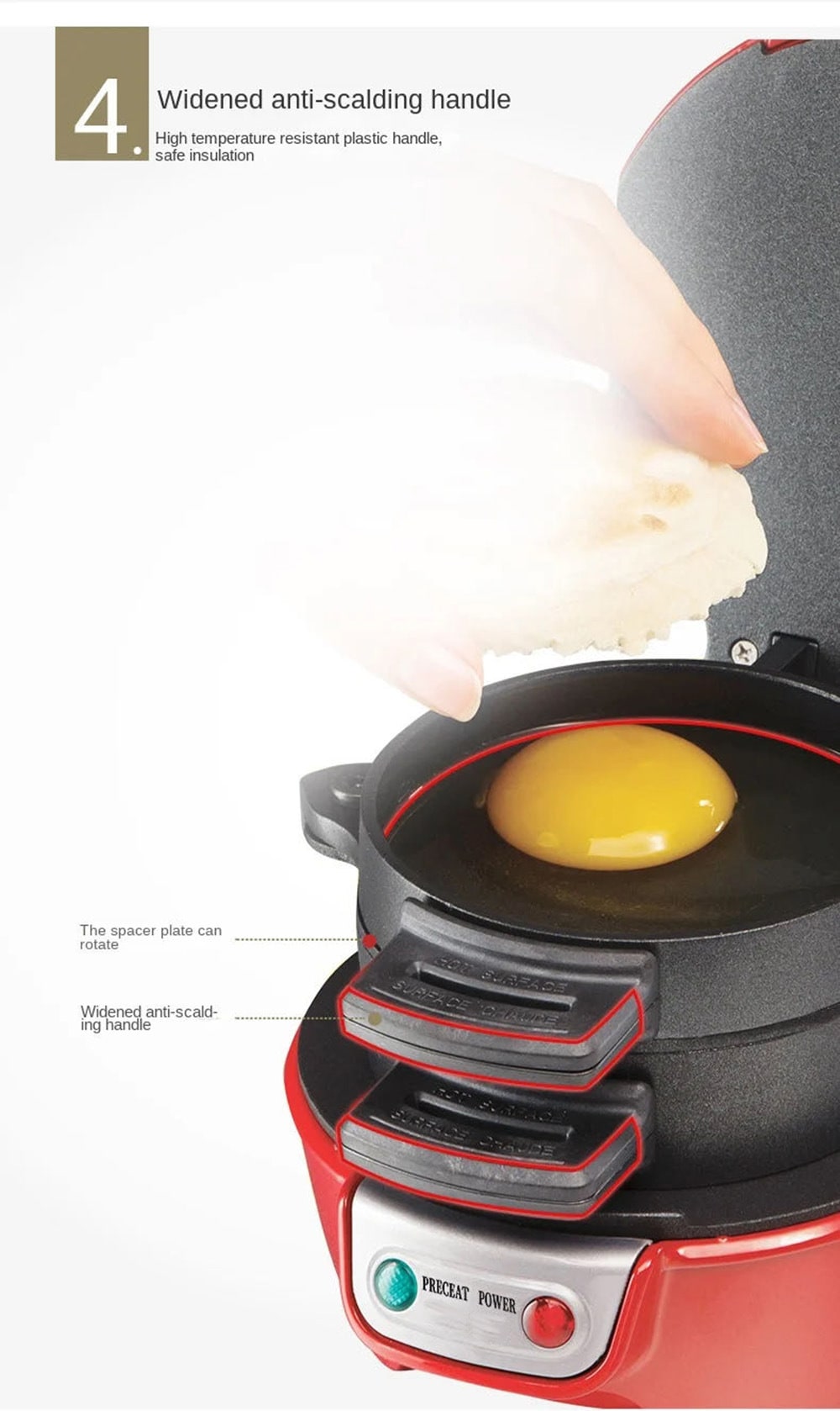 Aparat electric compact pentru panini — grill pentru micul dejun, plăci antiaderente, formă pentru ouă