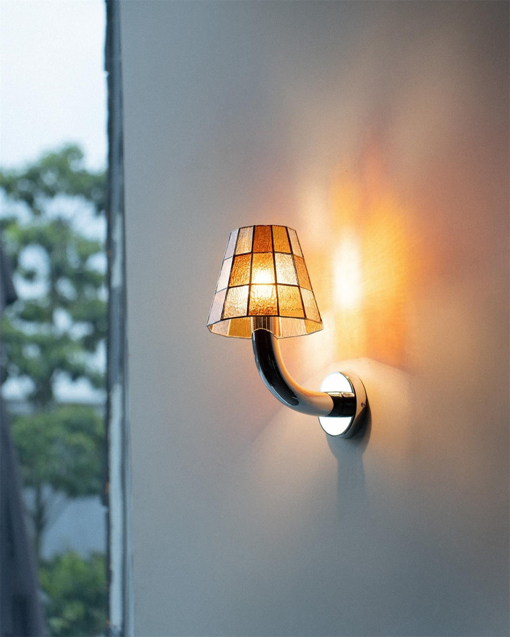 Fun Guy Wall Lamp Curved Chrome Arm And Mosaic Style Glass Shade