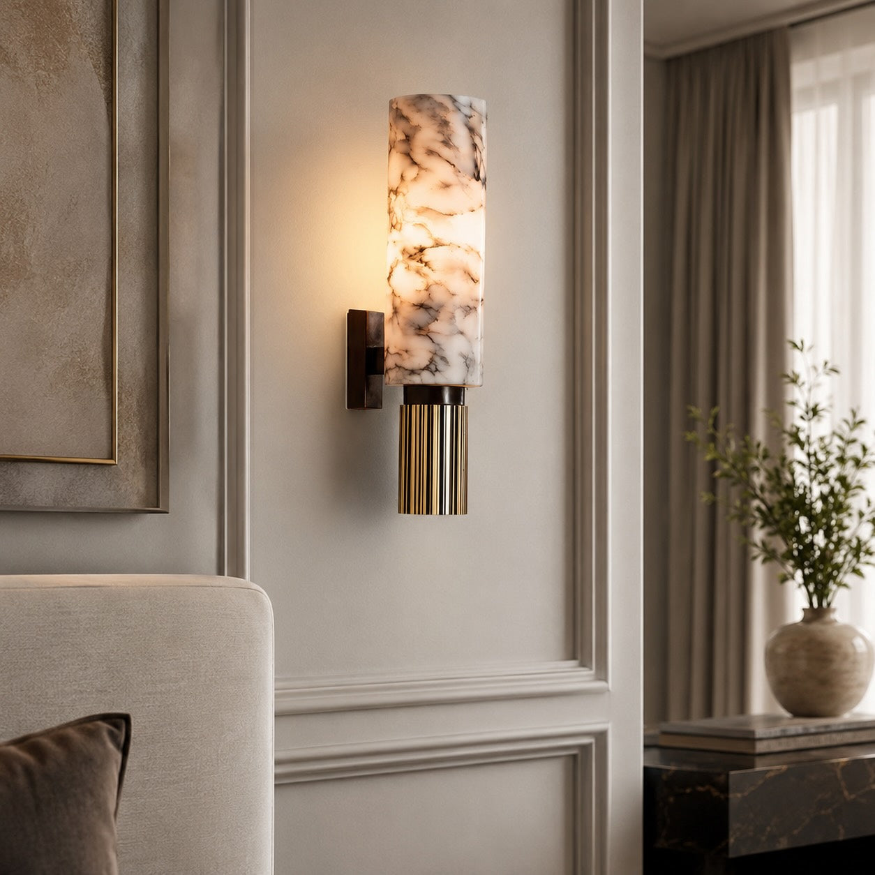 Contemporary Wall Light Wall Mounted Alabaster Cylinder Fluted Copper Base LED Sconce 38cm | ribuella