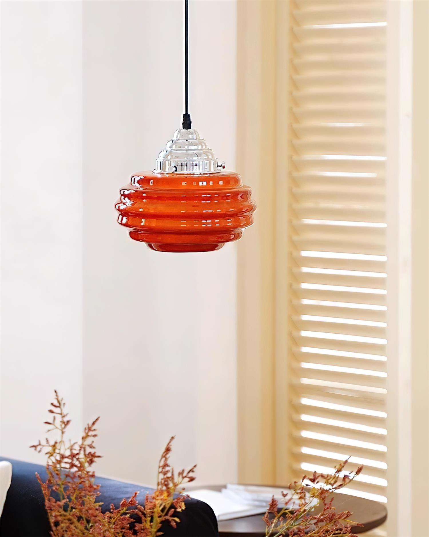Gelato Pendant Lamp - Tiered Rippled Glass Shade Chrome Cap Red Or Beige
