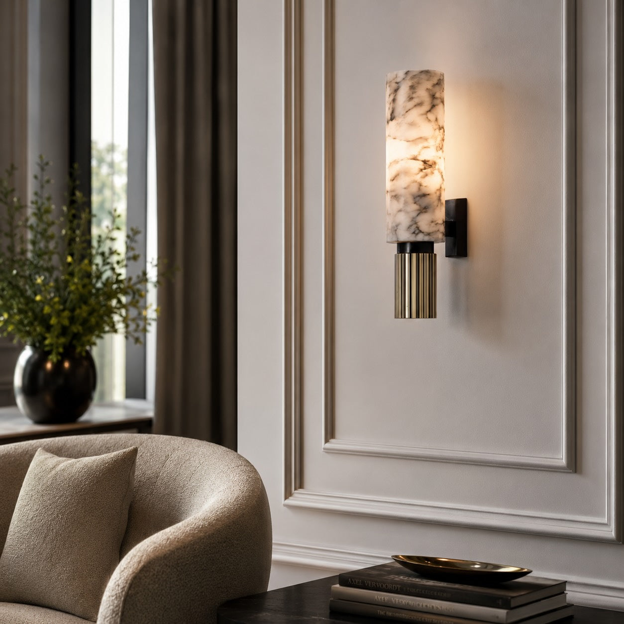 Contemporary Wall Light Wall Mounted Alabaster Cylinder Fluted Copper Base LED Sconce 38cm | ribuella