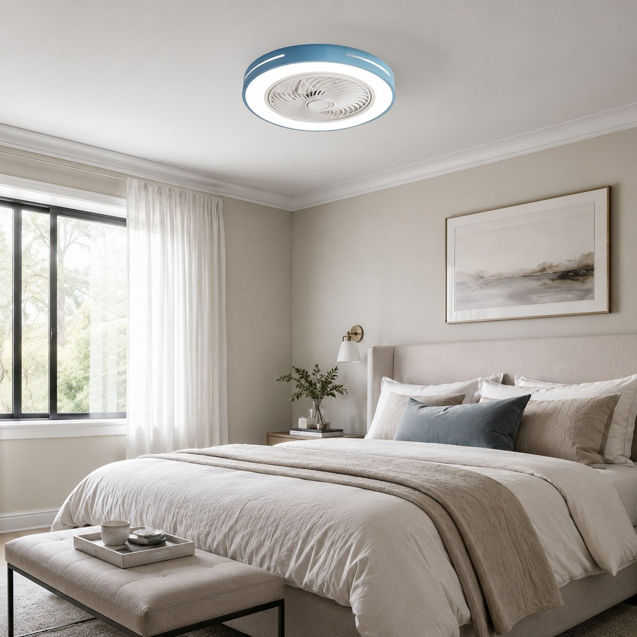 Moderner Deckenventilator ohne Flügel mit Beleuchtung, flache Montage, Eisen, einstellbare LED, 72 W, für den Wohnbereich | ribuella