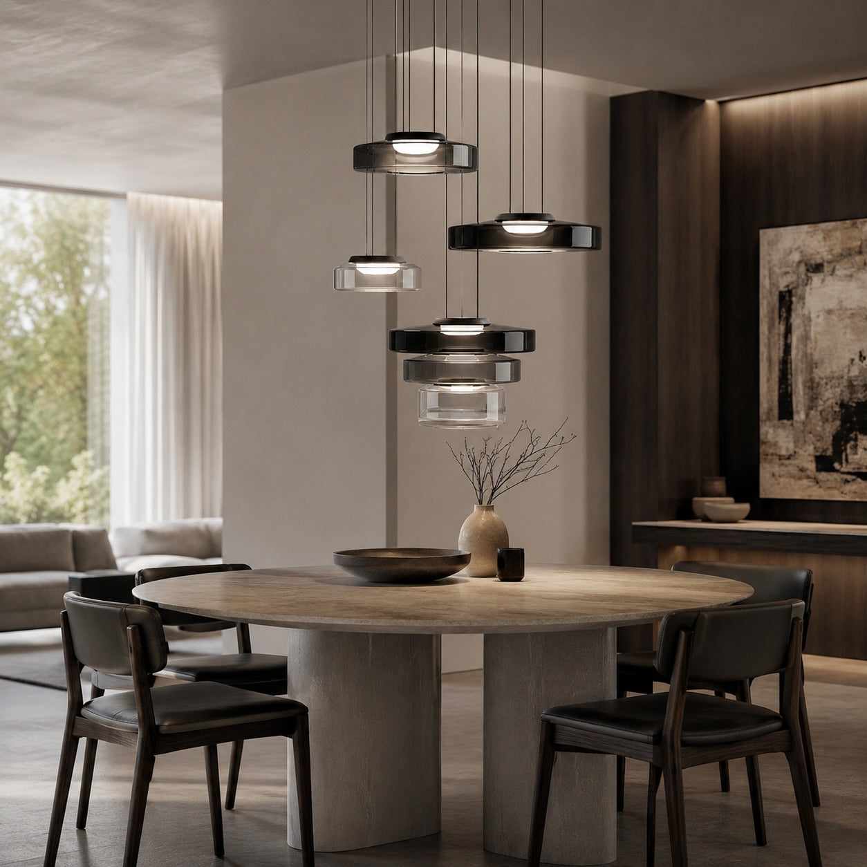 Modern Glass Pendant Light Hanging Fixture with Adjustable Height Dimmable LED and Iron Finish | ribuella