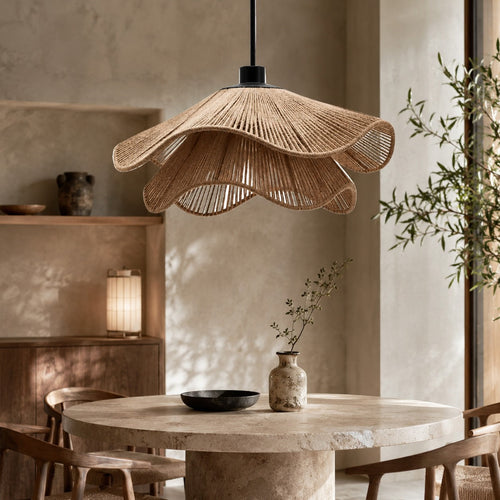 Lampă suspendată boho din iută, cu finisaj natural și înălțime reglabilă, pentru iluminarea bucătăriei | ribuella