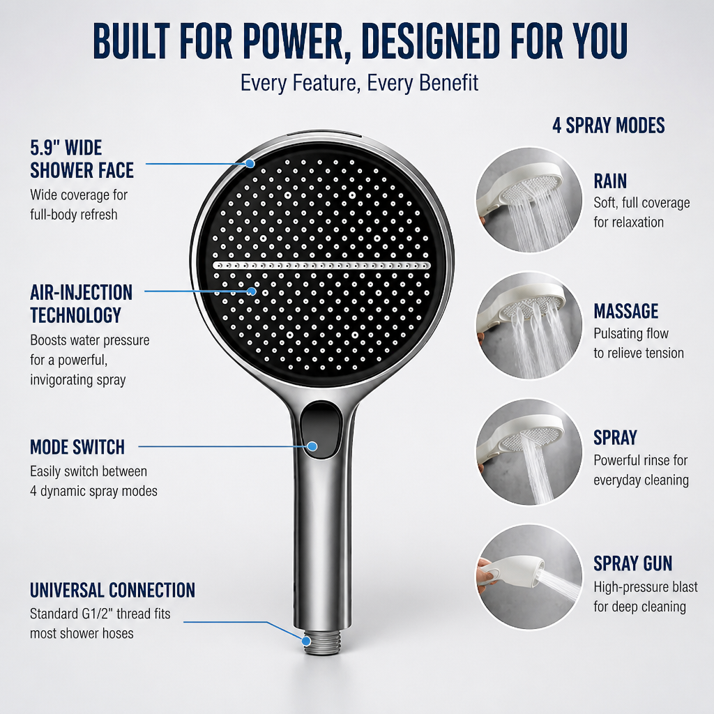 TempestaPure High-Pressure Handheld Shower Head | Ignite Your Senses with a Powerfully Revitalizing Shower Every Time | ribuella