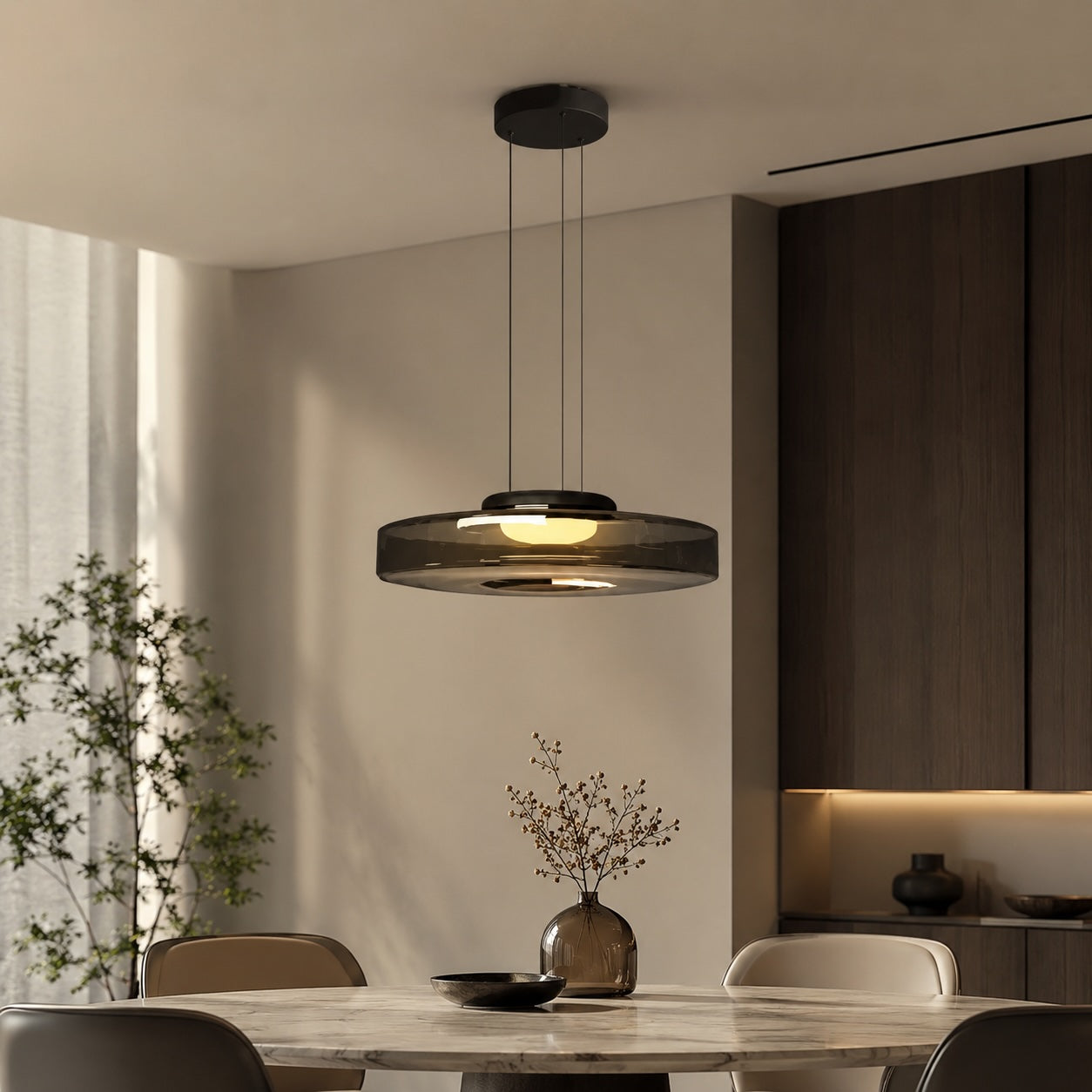 Modern Glass Pendant Light Hanging Fixture with Adjustable Height Dimmable LED and Iron Finish | ribuella