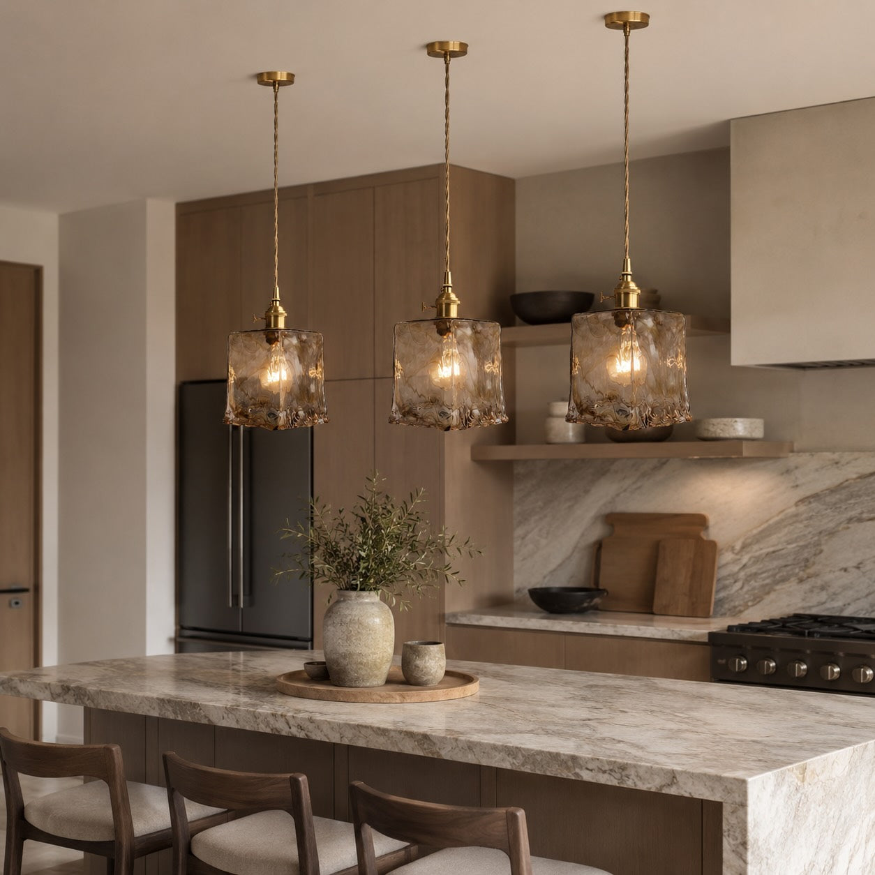 Vintage Brass Pendant Light with Adjustable Hanging Amber Glass Shade for Indoor Lighting | ribuella