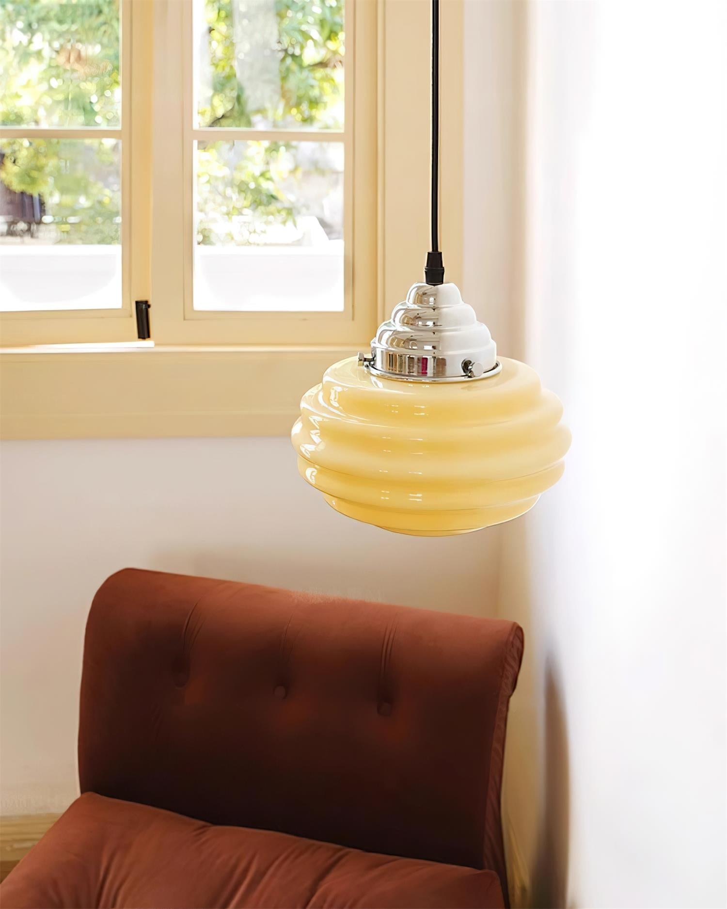 Gelato Pendant Lamp - Tiered Rippled Glass Shade Chrome Cap Red Or Beige