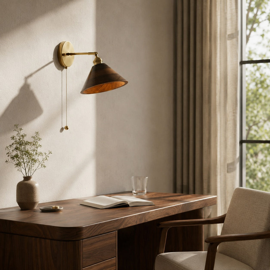 Rustieke houten wandlamp, verstelbare messing armatuur, E26/E27-fitting, max. 40 W | ribuella