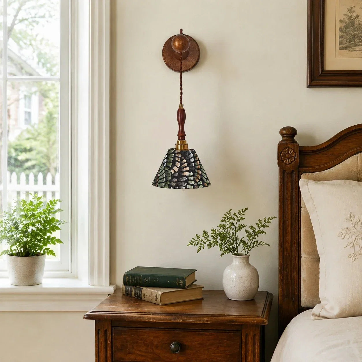 French Vintage Wall Sconce, Patterned Fabric Shade, Turned Wood Arm