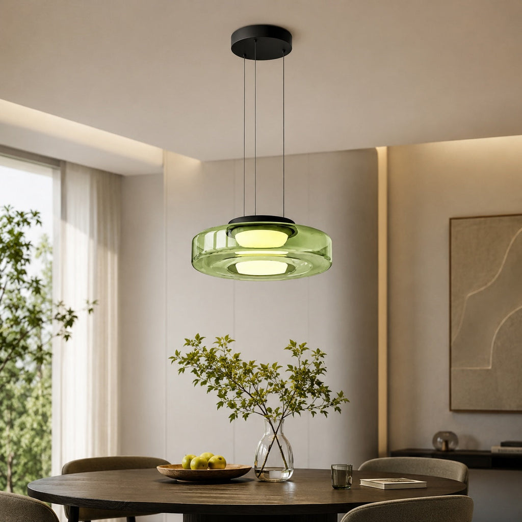 Modern Glass Pendant Light Hanging Fixture with Adjustable Height Dimmable LED and Iron Finish | ribuella