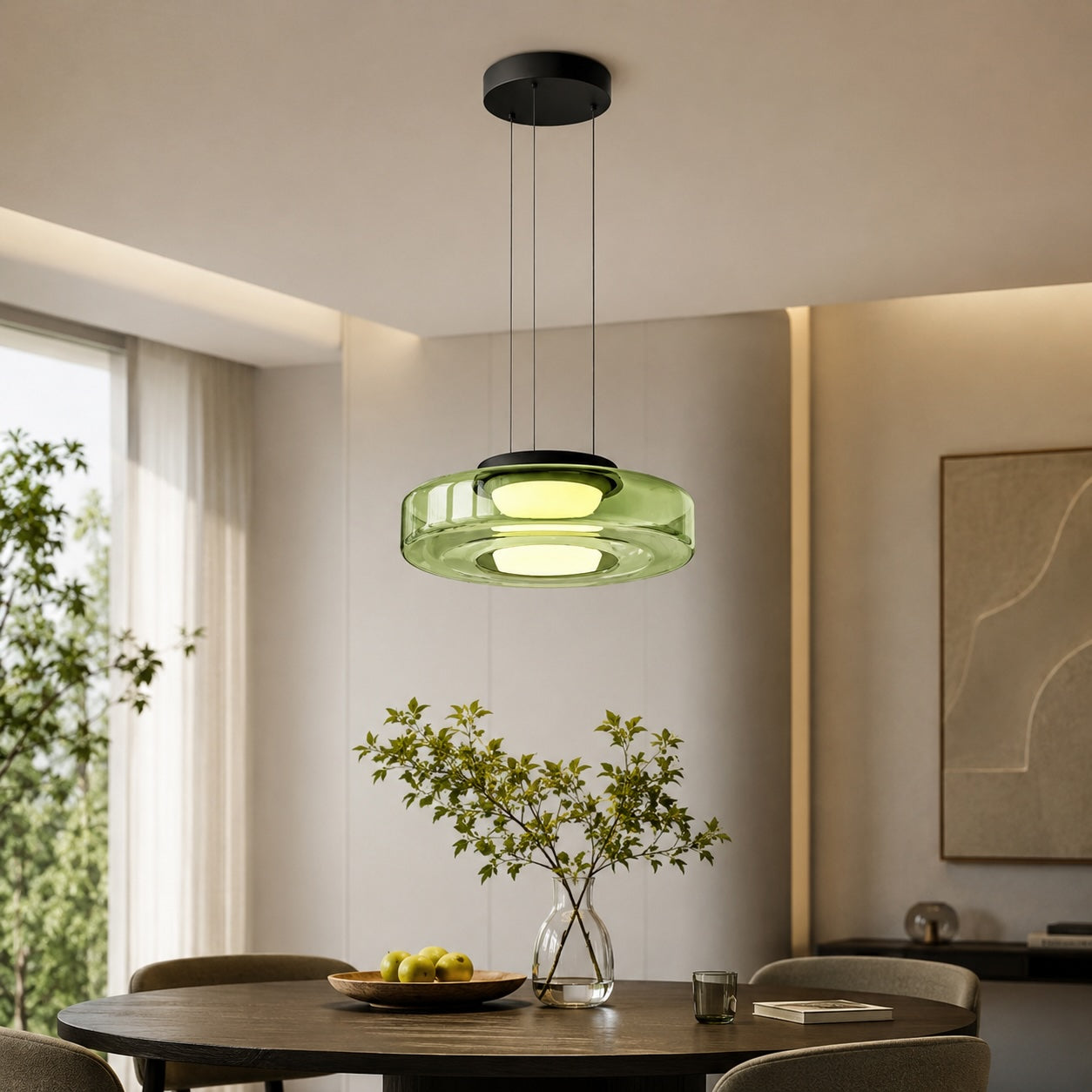 Modern Glass Pendant Light Hanging Fixture with Adjustable Height Dimmable LED and Iron Finish | ribuella