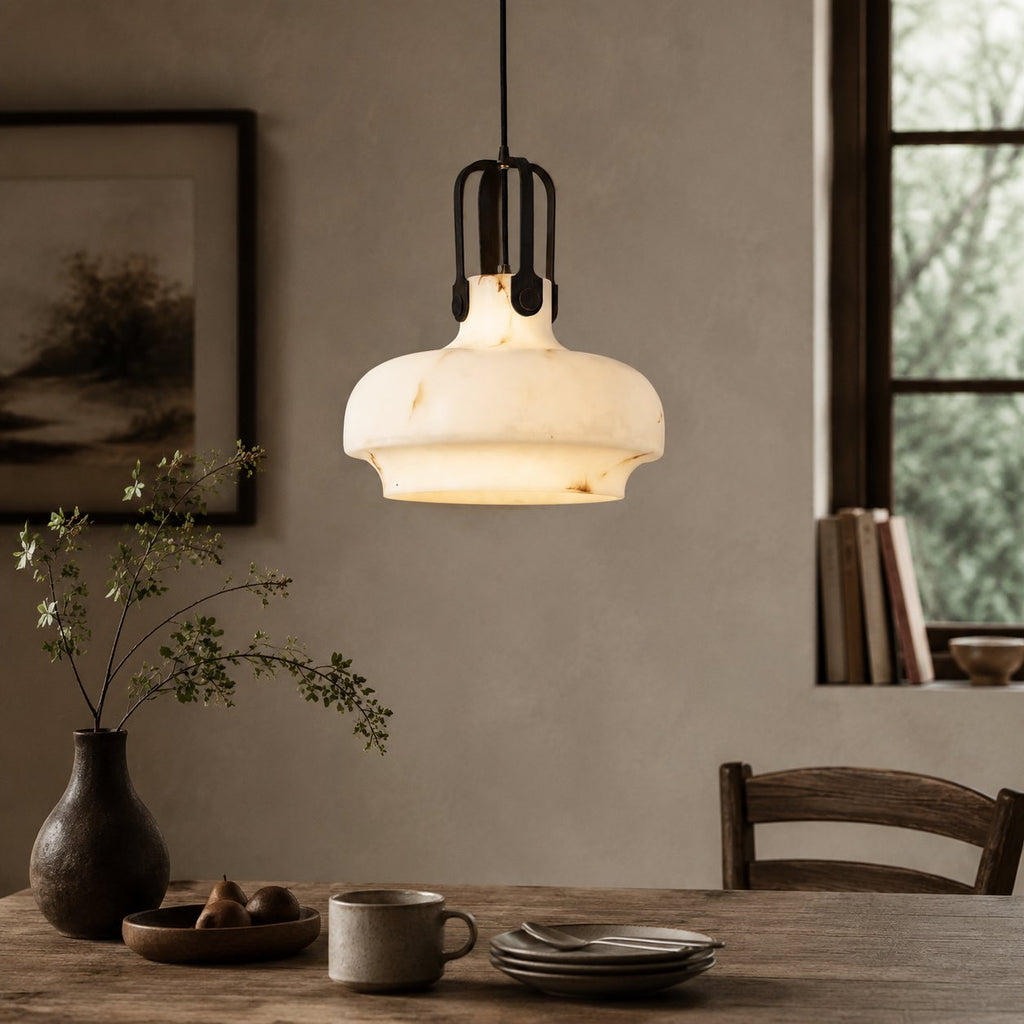 Round French Vintage Pendant Light, Faux Marble Shade, Cream Tone, Amber Veining