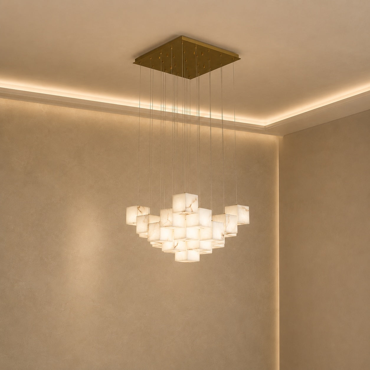 Modern Alabaster Box Pendant Light Hanging Fixture with LED Compatibility and Adjustable Height | ribuella