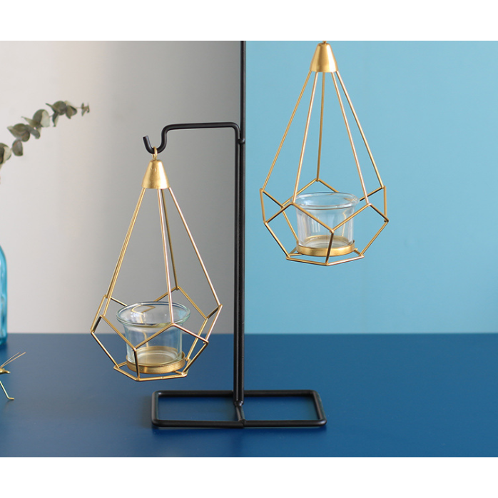 Modern Geometric Candle Holder Matte Black Frame Gold Wire Cage Glass Cup