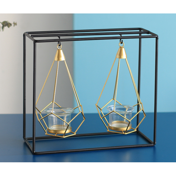 Modern Geometric Candle Holder Matte Black Frame Gold Wire Cage Glass Cup