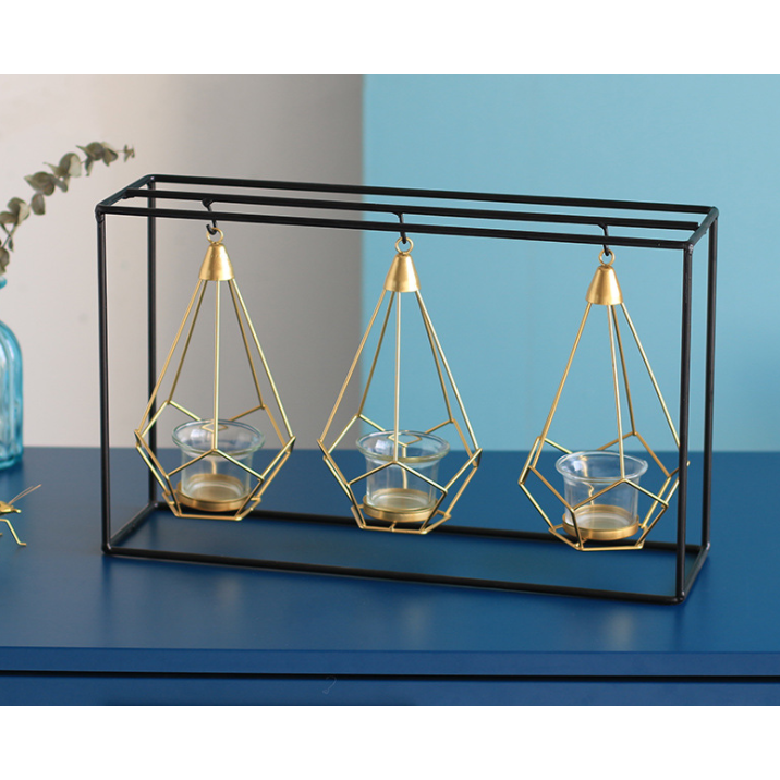 Modern Geometric Candle Holder Matte Black Frame Gold Wire Cage Glass Cup