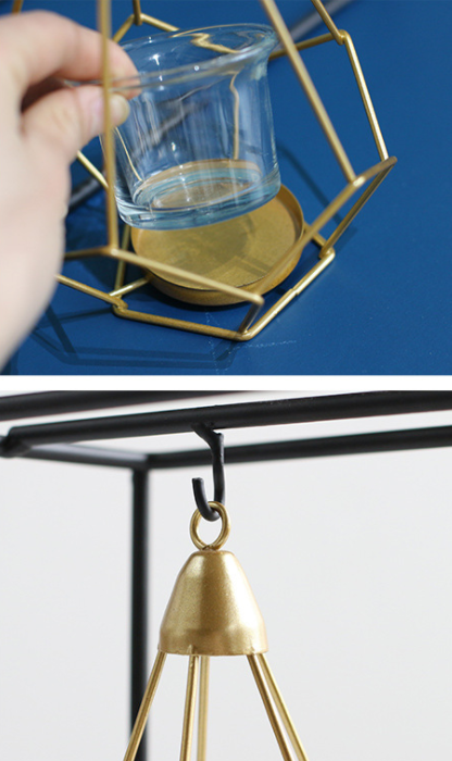 Modern Geometric Candle Holder Matte Black Frame Gold Wire Cage Glass Cup