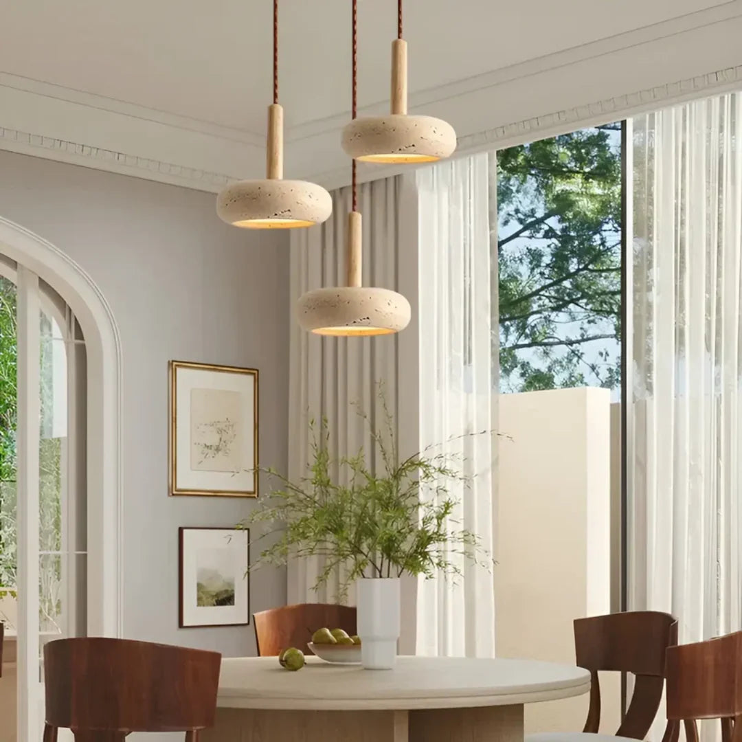 Travertine Hanging Light with Wooden Accent – Warm Glow, Adjustable Cord | ribuella