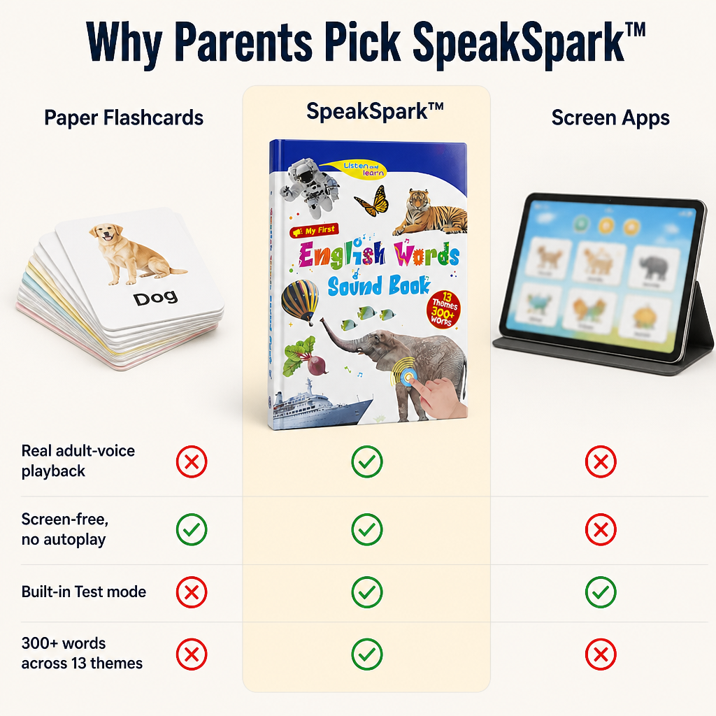 SpeakSpark | Sostituisci il tempo davanti allo schermo con oltre 300 parole inglesi da ascoltare e ripetere con un tocco | ribuella