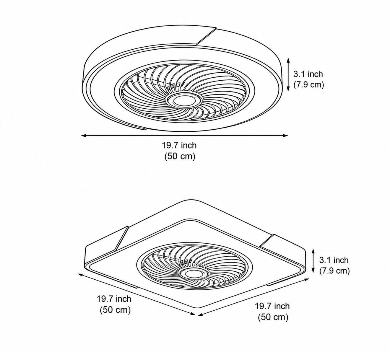 Moderner Deckenventilator ohne Flügel mit Beleuchtung, flache Montage, Eisenrahmen, dimmbare LED mit einstellbarer Farbtemperatur | ribuella