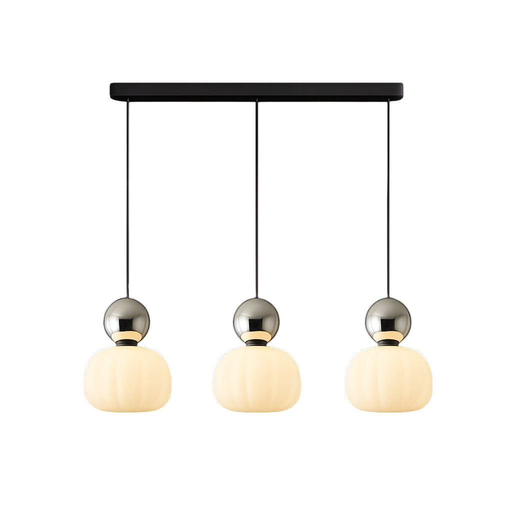 Moderne pendelloftslampe med gennemsigtig rund skærm, kugleformet detalje og diffust lys