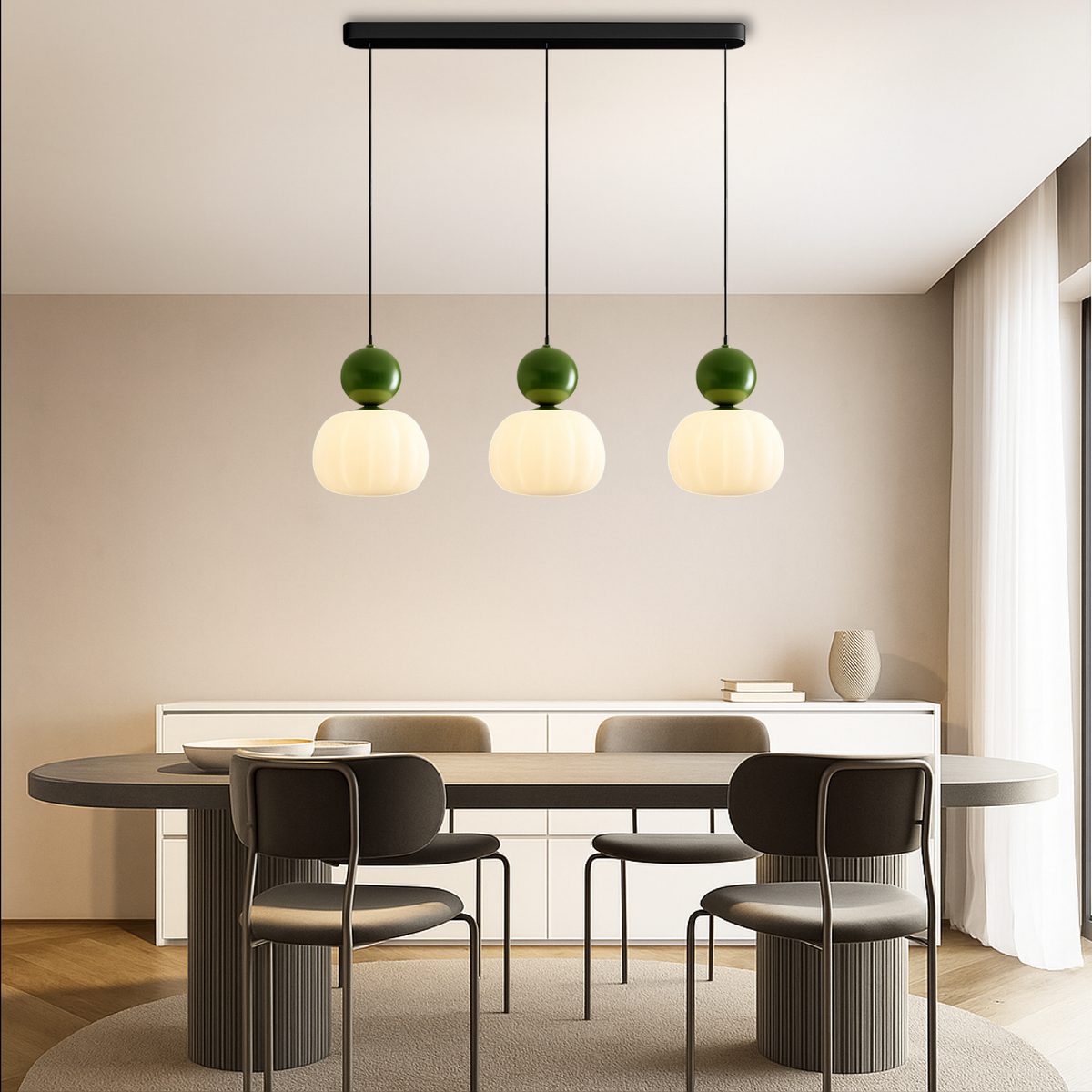 Moderne pendelloftslampe med gennemsigtig rund skærm, kugleformet detalje og diffust lys