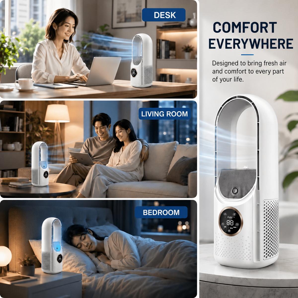 Portable Bladeless Tower Fan - Adjustable Airflow And Quiet Cooling