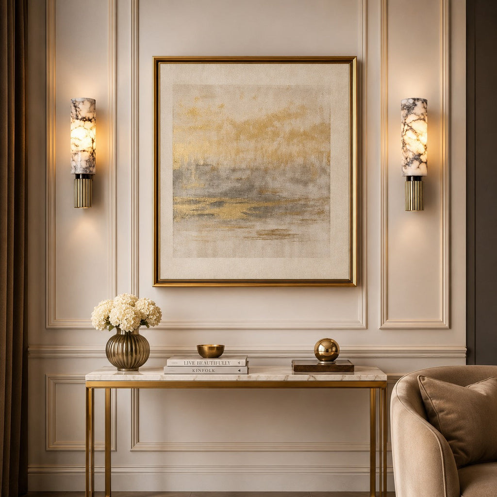 Contemporary Wall Light Wall Mounted Alabaster Cylinder Fluted Copper Base LED Sconce 38cm | ribuella