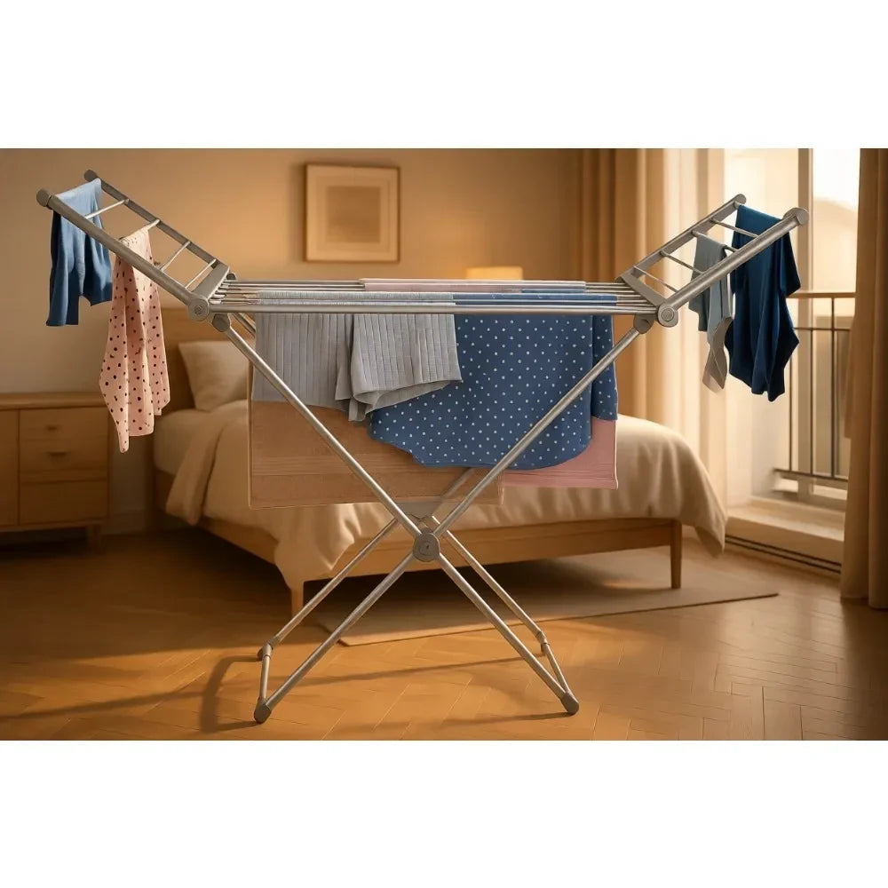 Silver Aluminum Frame Electric Heated Clothes Drying Rack With Folding Wings