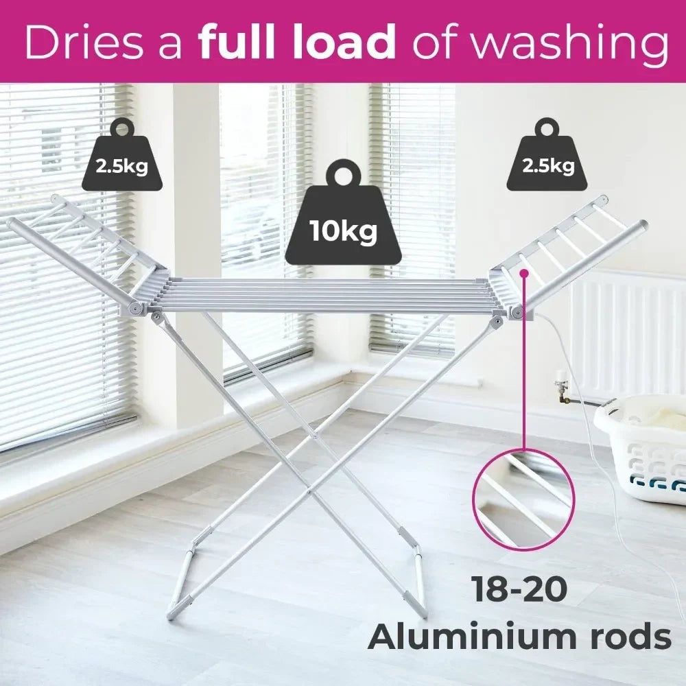 Elektrisch verwarmd kledingdroogrek met aluminium frame en inklapbare vleugels