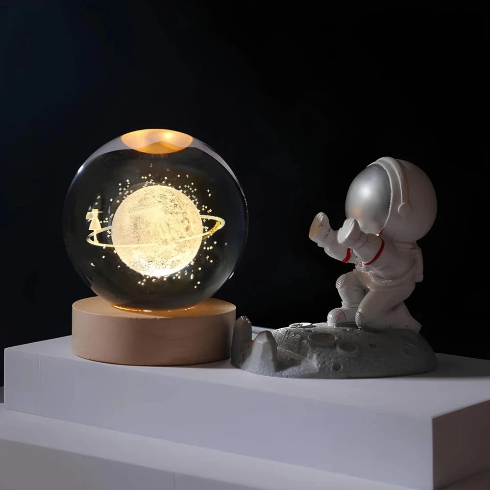 3D lézergravírozott kristálygömb-lámpa – fa talppal, USB-s LED-es éjjeli lámpa
