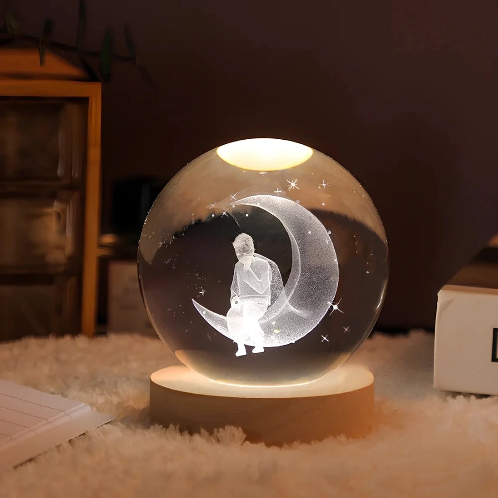 3D lézergravírozott kristálygömb-lámpa – fa talppal, USB-s LED-es éjjeli lámpa