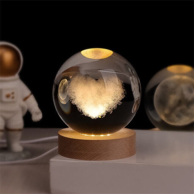 3D lézergravírozott kristálygömb-lámpa – fa talppal, USB-s LED-es éjjeli lámpa