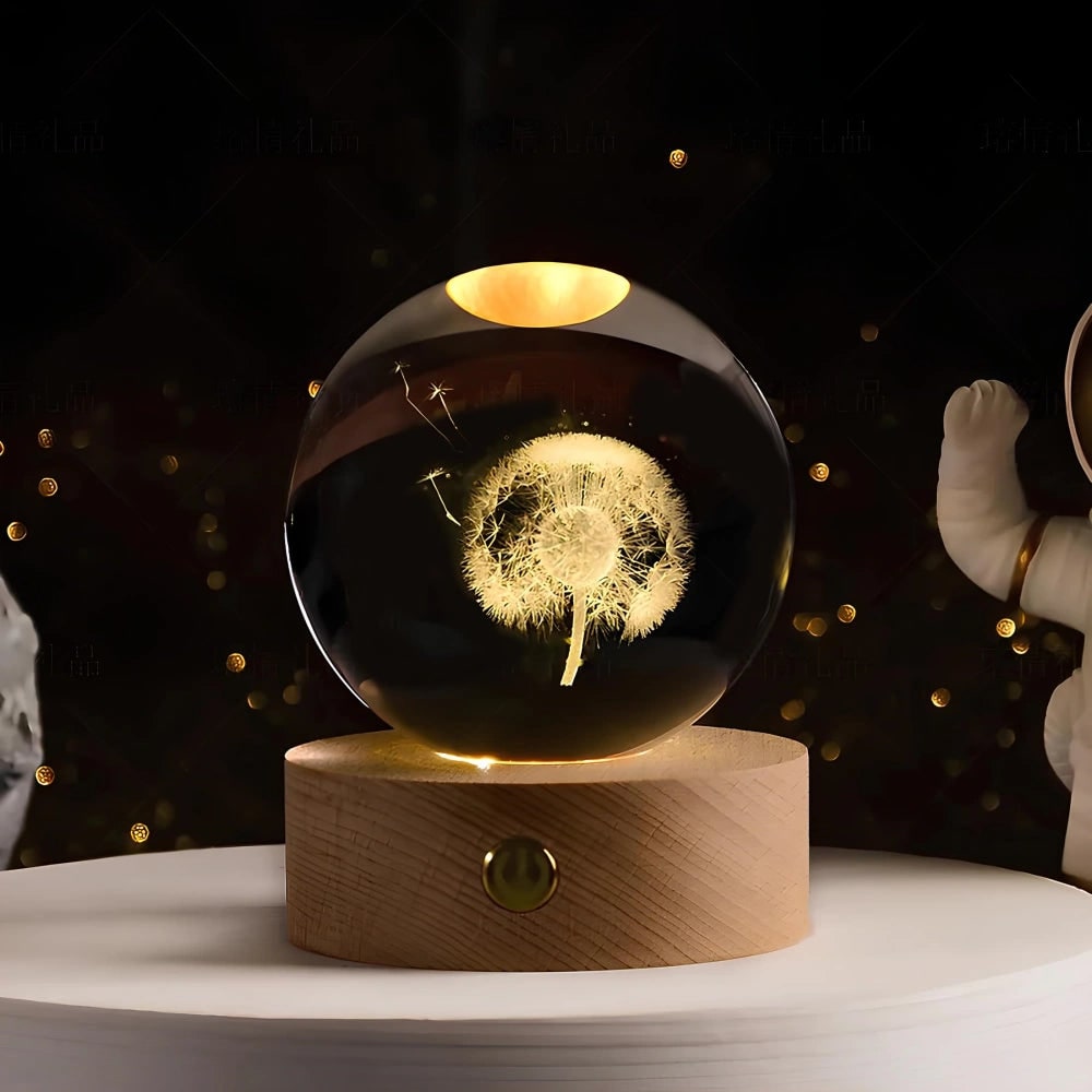 3D lézergravírozott kristálygömb-lámpa – fa talppal, USB-s LED-es éjjeli lámpa