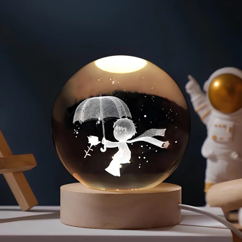3D lézergravírozott kristálygömb-lámpa – fa talppal, USB-s LED-es éjjeli lámpa