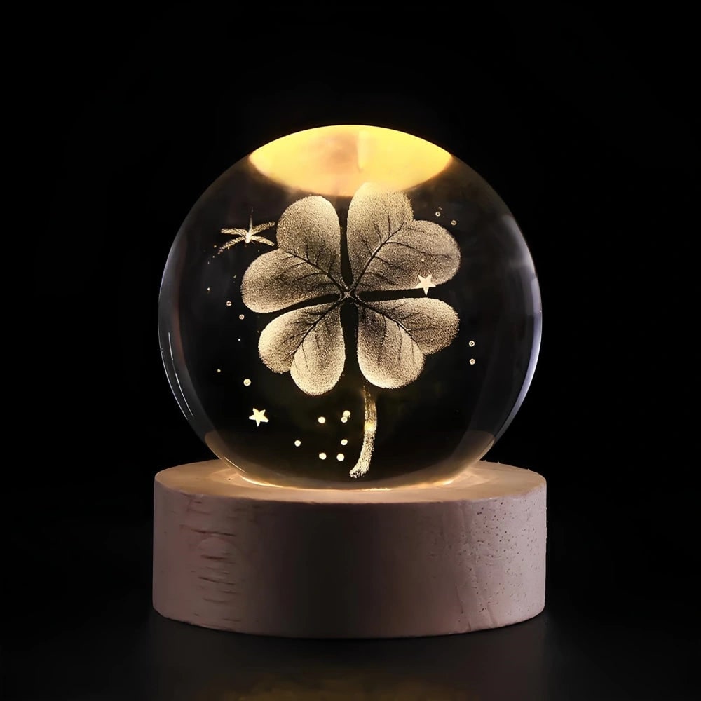 3D lézergravírozott kristálygömb-lámpa – fa talppal, USB-s LED-es éjjeli lámpa