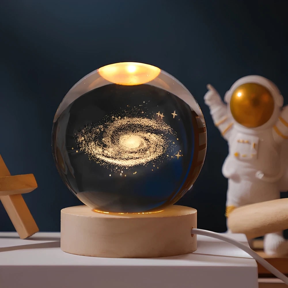 3D lézergravírozott kristálygömb-lámpa – fa talppal, USB-s LED-es éjjeli lámpa