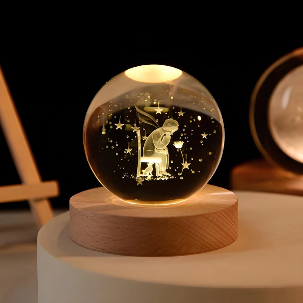 3D lézergravírozott kristálygömb-lámpa – fa talppal, USB-s LED-es éjjeli lámpa