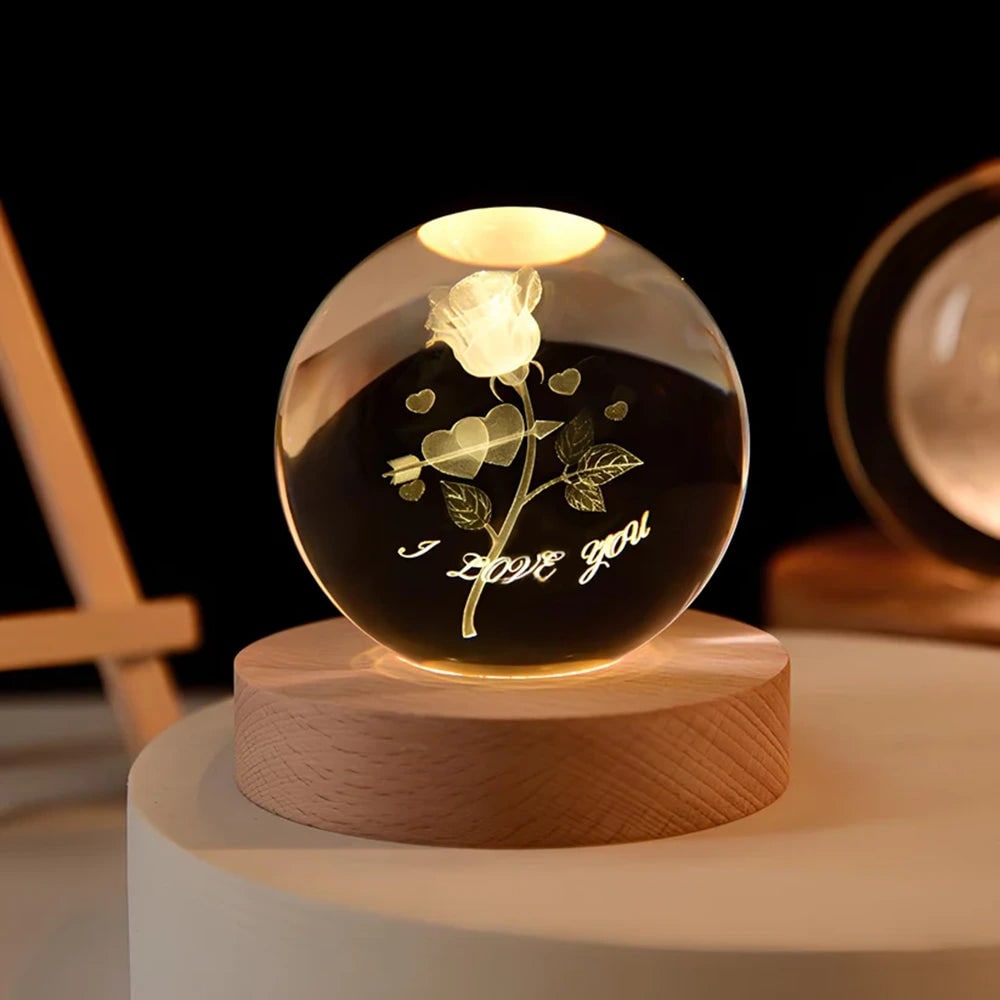 3D lézergravírozott kristálygömb-lámpa – fa talppal, USB-s LED-es éjjeli lámpa